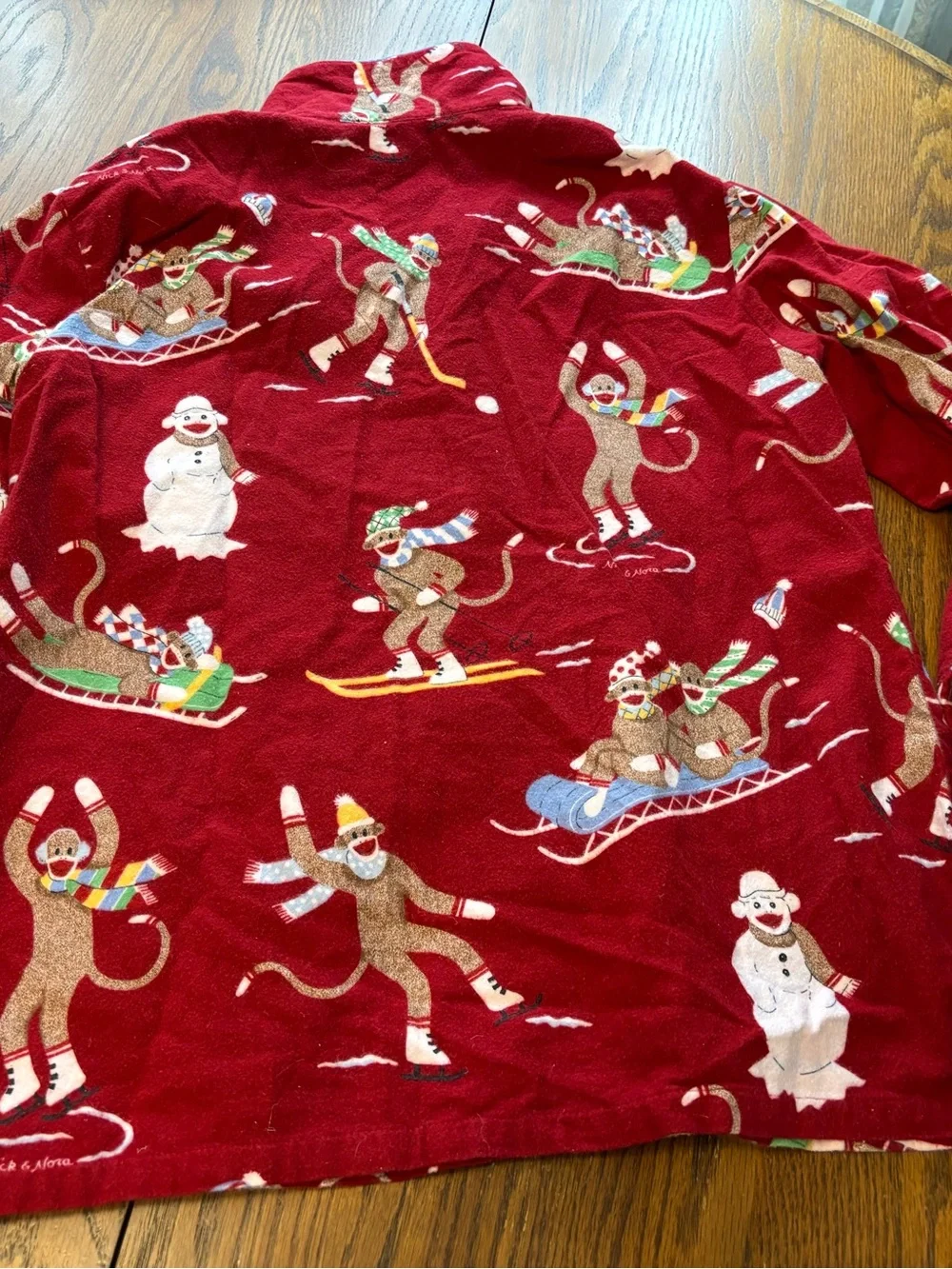 Vtg nick & Nora womens 2 pc pajamas flannel XL sock monkey sled ski snowman